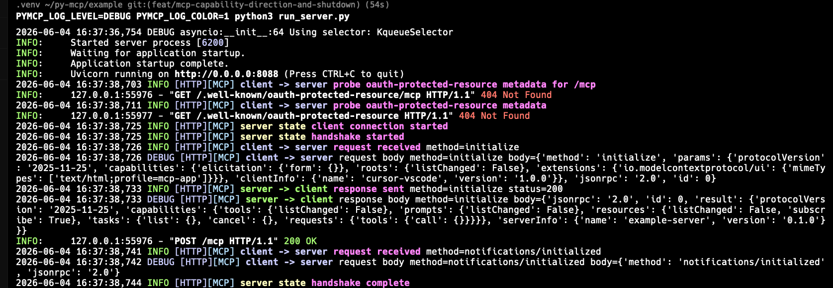 Cursor probes OAuth metadata, then sends initialize and notifications/initialized.