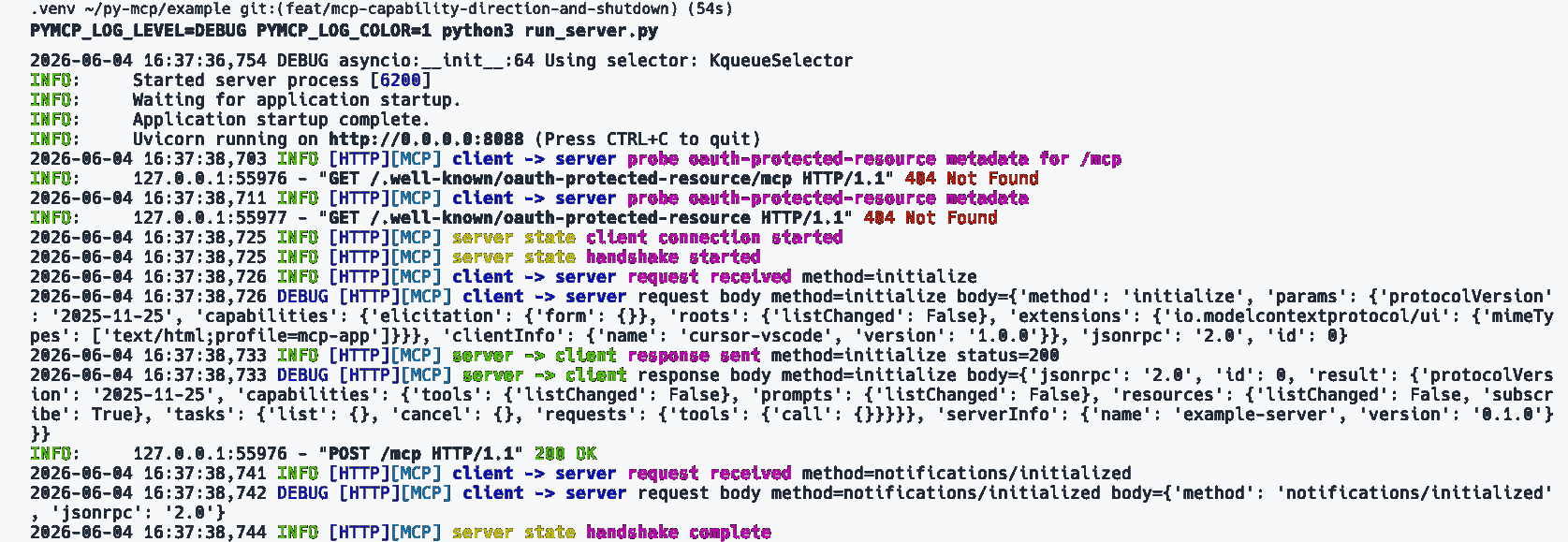 Cursor probes OAuth metadata, then sends initialize and notifications/initialized.