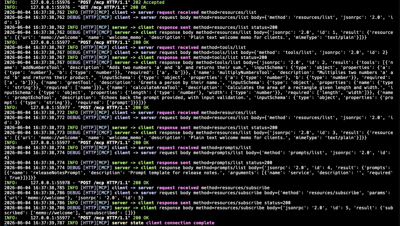After initialization, Cursor lists resources, tools, prompts, and subscribes to a resource.