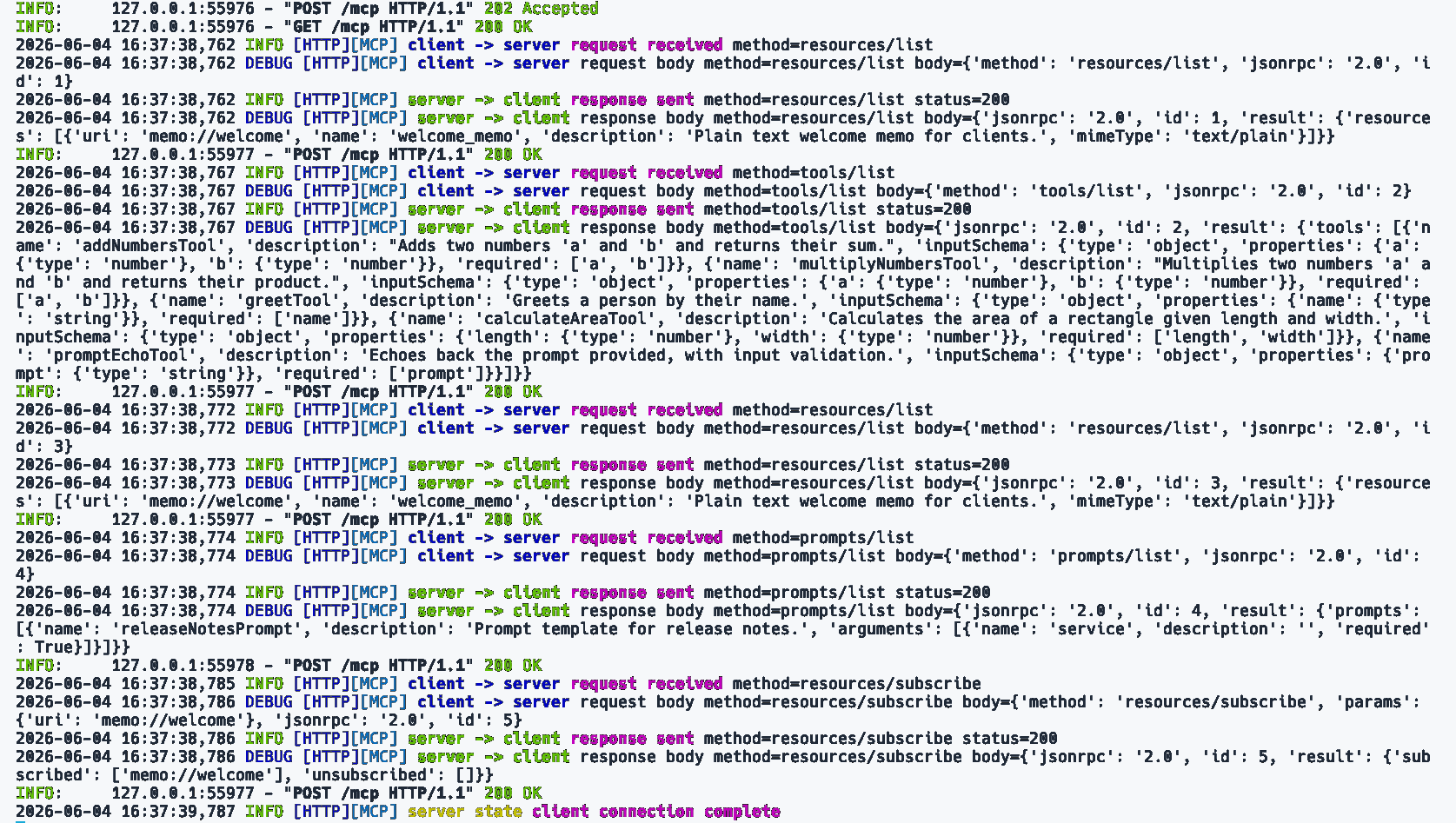 After initialization, Cursor lists resources, tools, prompts, and subscribes to a resource.