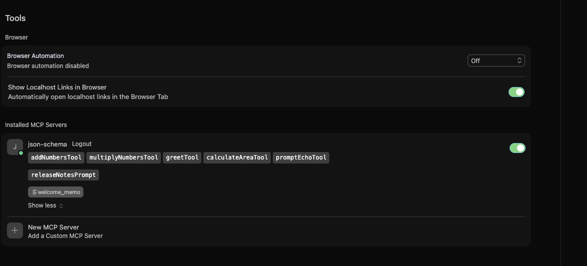 Cursor shows the discovered PyMCP server, its tools, prompt, and resource in the MCP settings page.