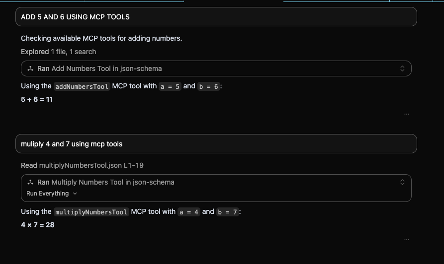 Cursor chat runs the discovered add and multiply tools and displays their results.